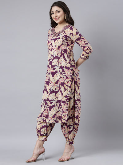 Neerus Purple Regular Straight Floral Kurta And Salwar With Dupatta