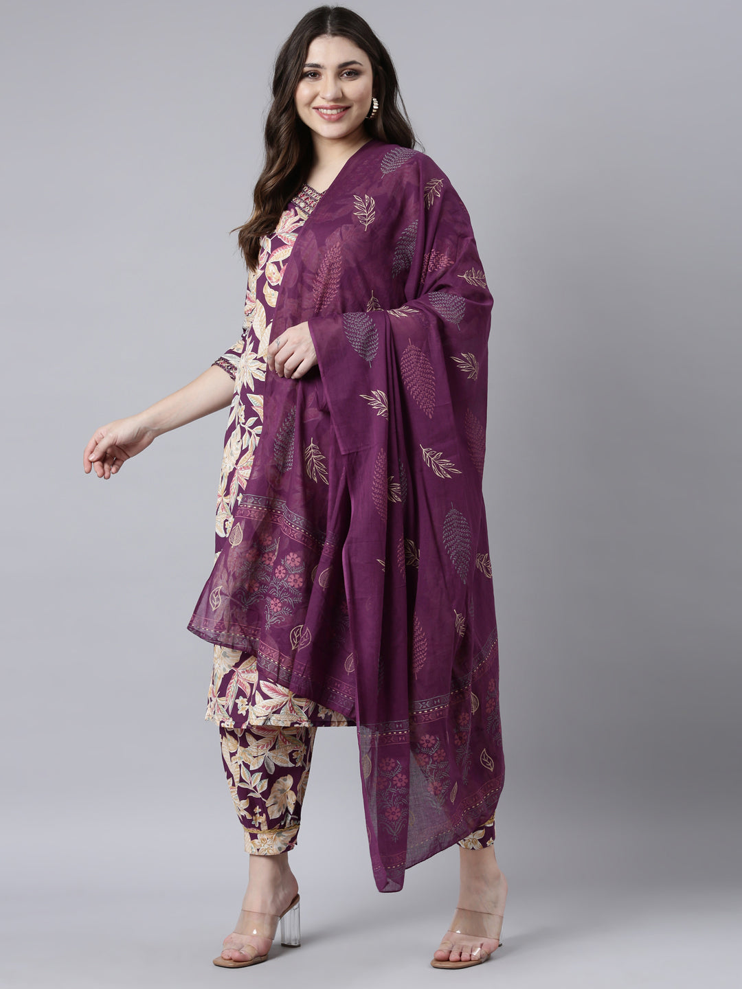 Neerus Purple Regular Straight Floral Kurta And Salwar With Dupatta