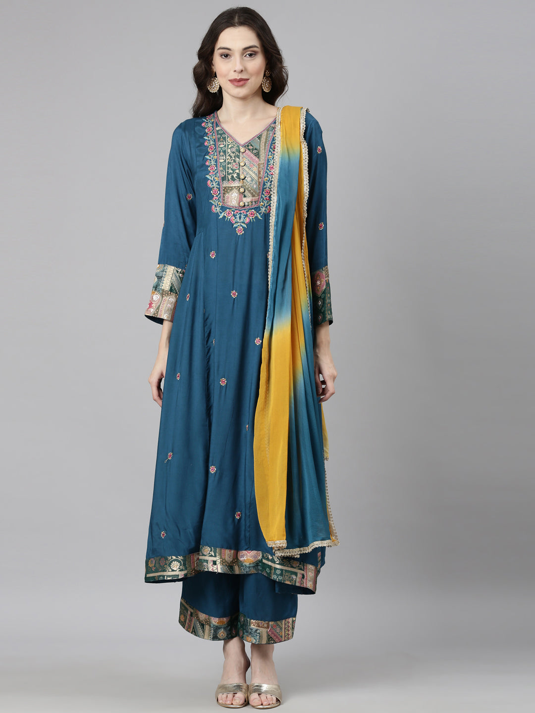 Neerus Green Casual  Anarkali Kurta and Trousers With Dupatta