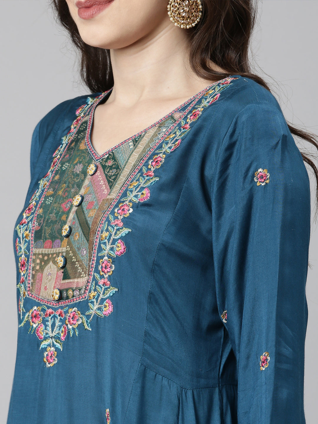 Neerus Green Casual  Anarkali Kurta and Trousers With Dupatta