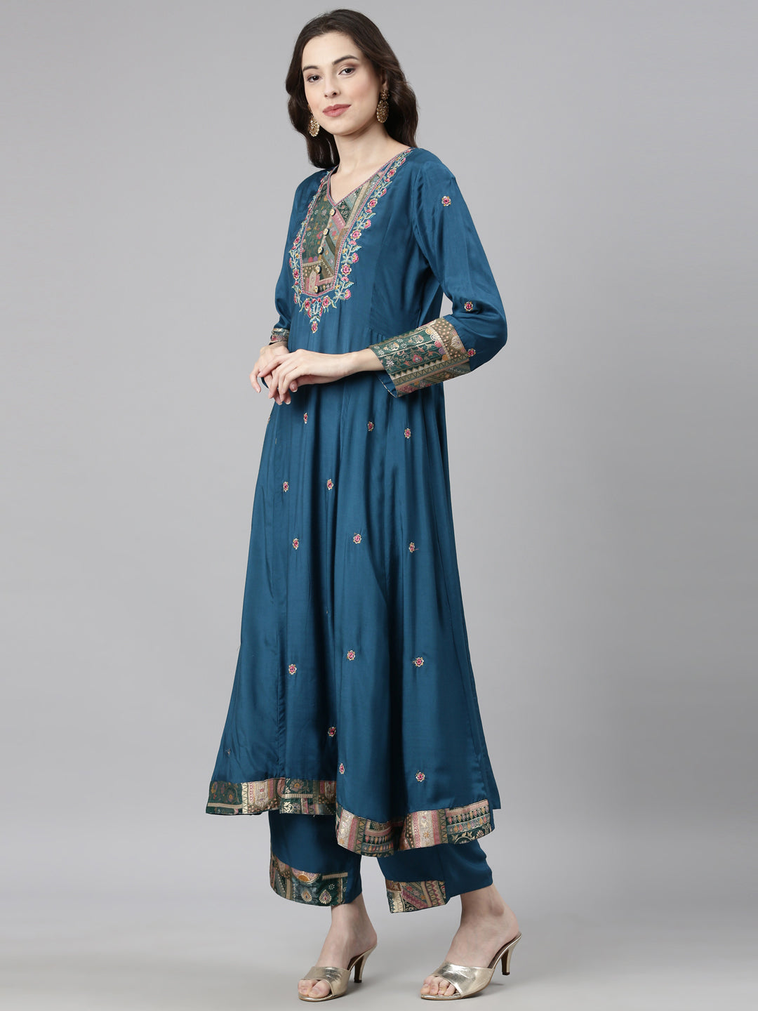 Neerus Green Casual  Anarkali Kurta and Trousers With Dupatta