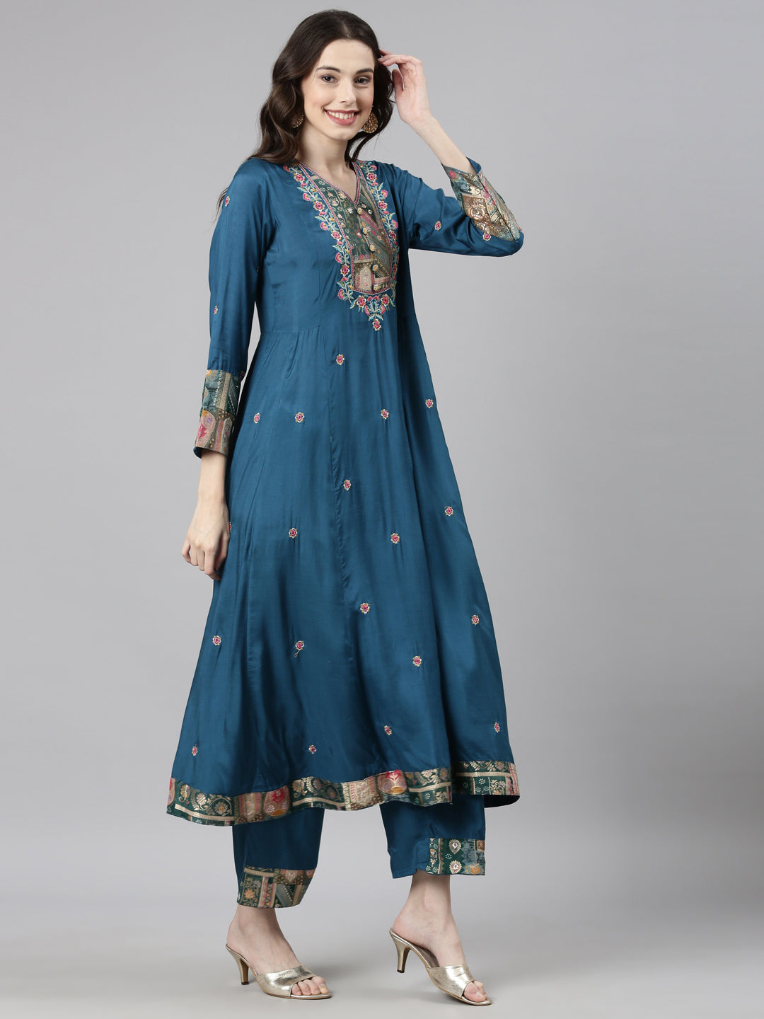 Neerus Green Casual  Anarkali Kurta and Trousers With Dupatta