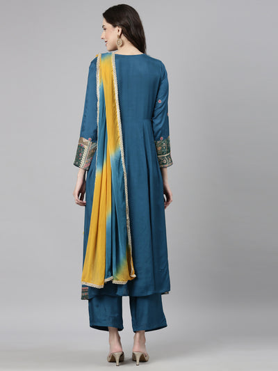 Neerus Green Casual  Anarkali Kurta and Trousers With Dupatta