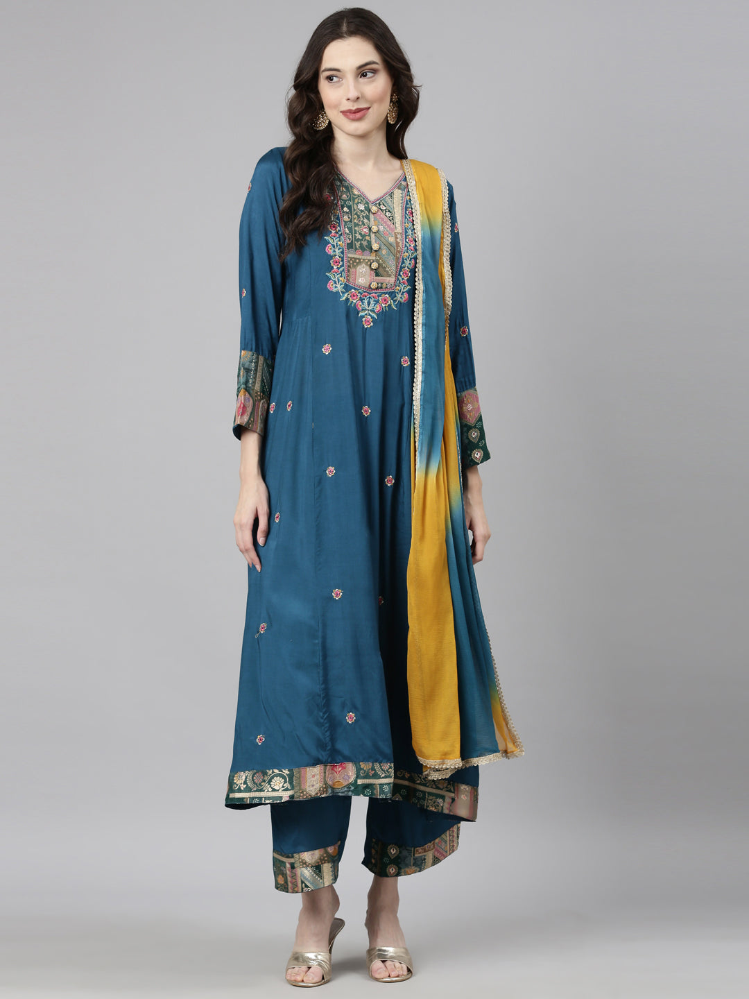 Neerus Green Casual  Anarkali Kurta and Trousers With Dupatta