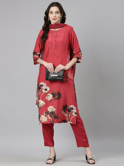 Neerus Red Casual Floral Straight Kurta and Trousers With Dupatta