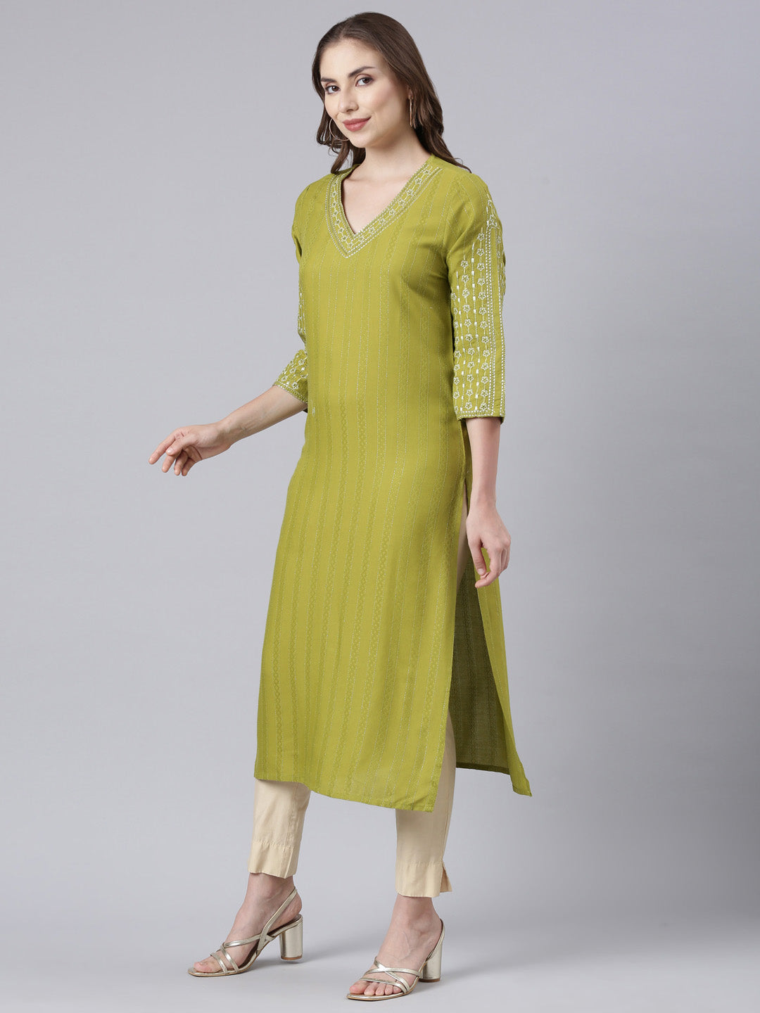 Neerus Green Panelled Straight Floral Kurtas