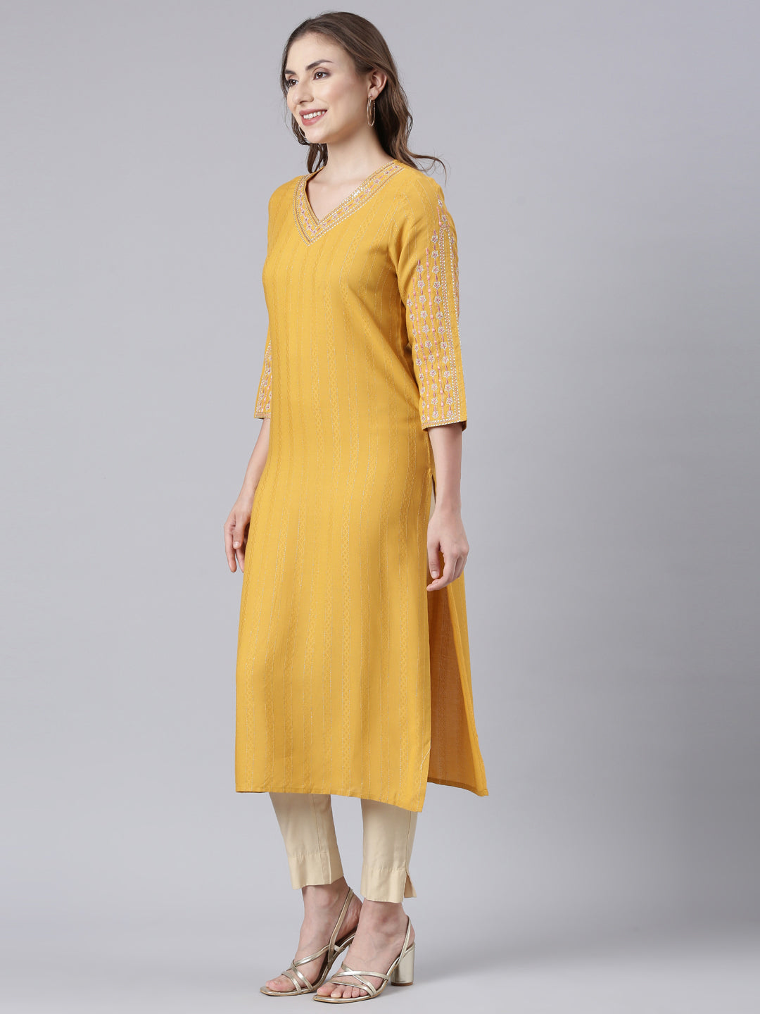 Neerus Mustard Panelled Straight Floral Kurtas