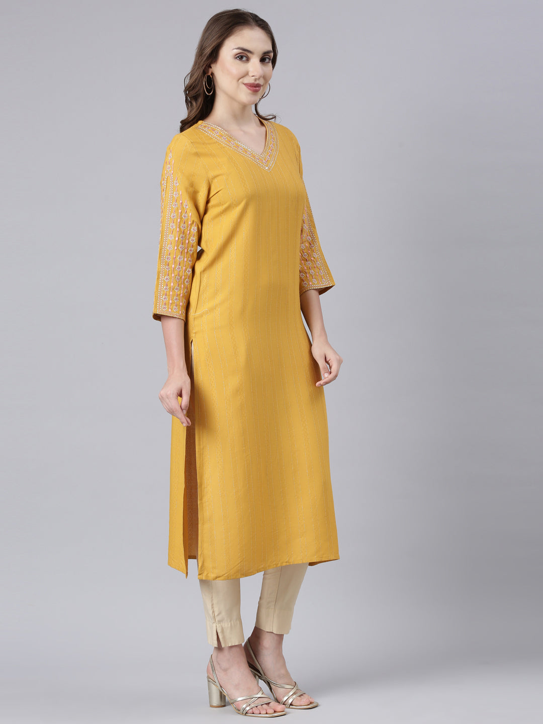 Neerus Mustard Panelled Straight Floral Kurtas