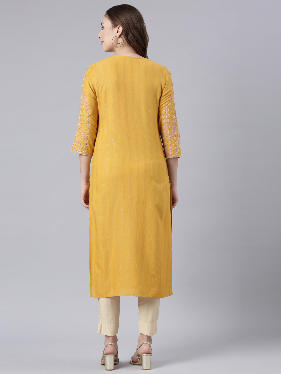 Neerus Mustard Panelled Straight Floral Kurtas