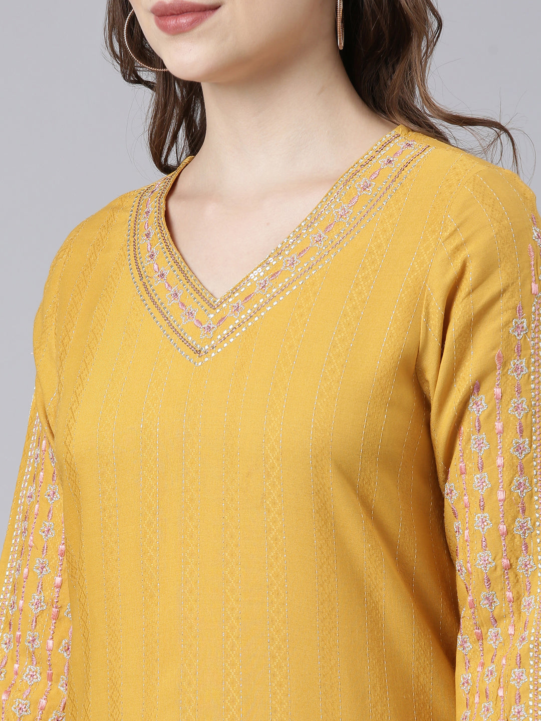 Neerus Mustard Panelled Straight Floral Kurtas