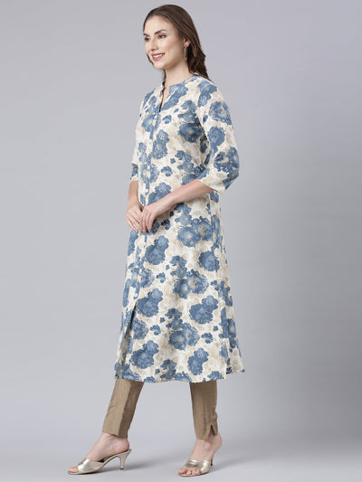 Neerus Blue Panelled Straight Floral Kurtas