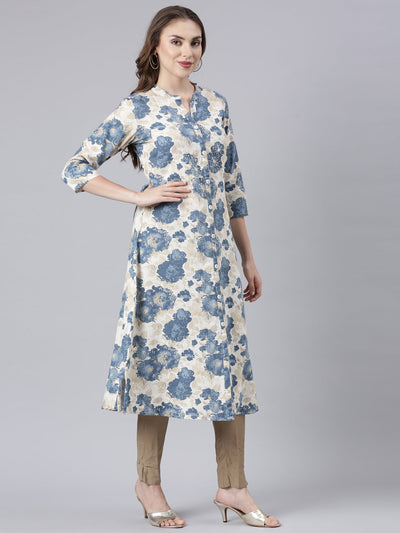 Neerus Blue Panelled Straight Floral Kurtas