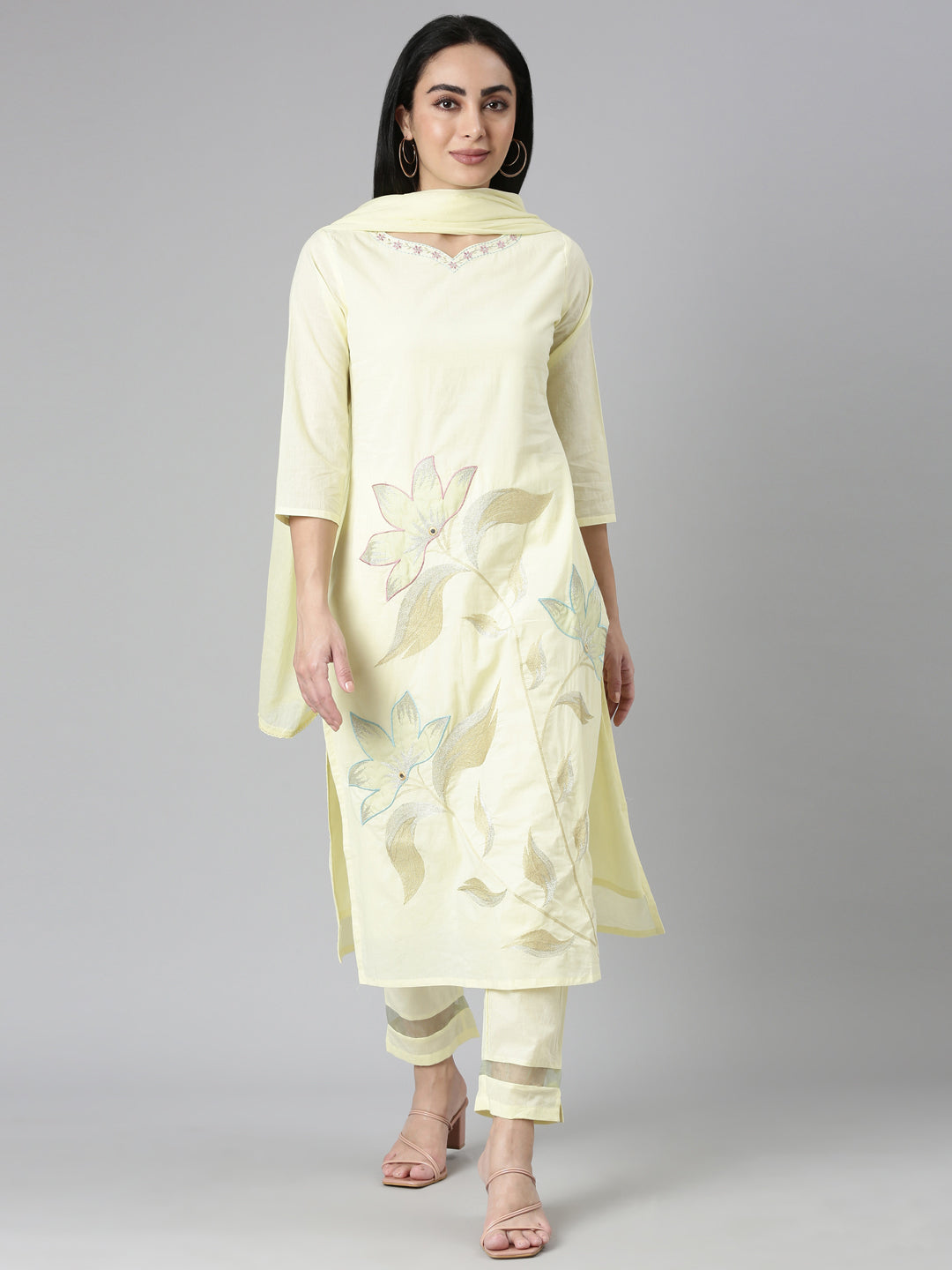 Neerus yellow Regular Straight Solid Kurta and Trousers With Dupatta