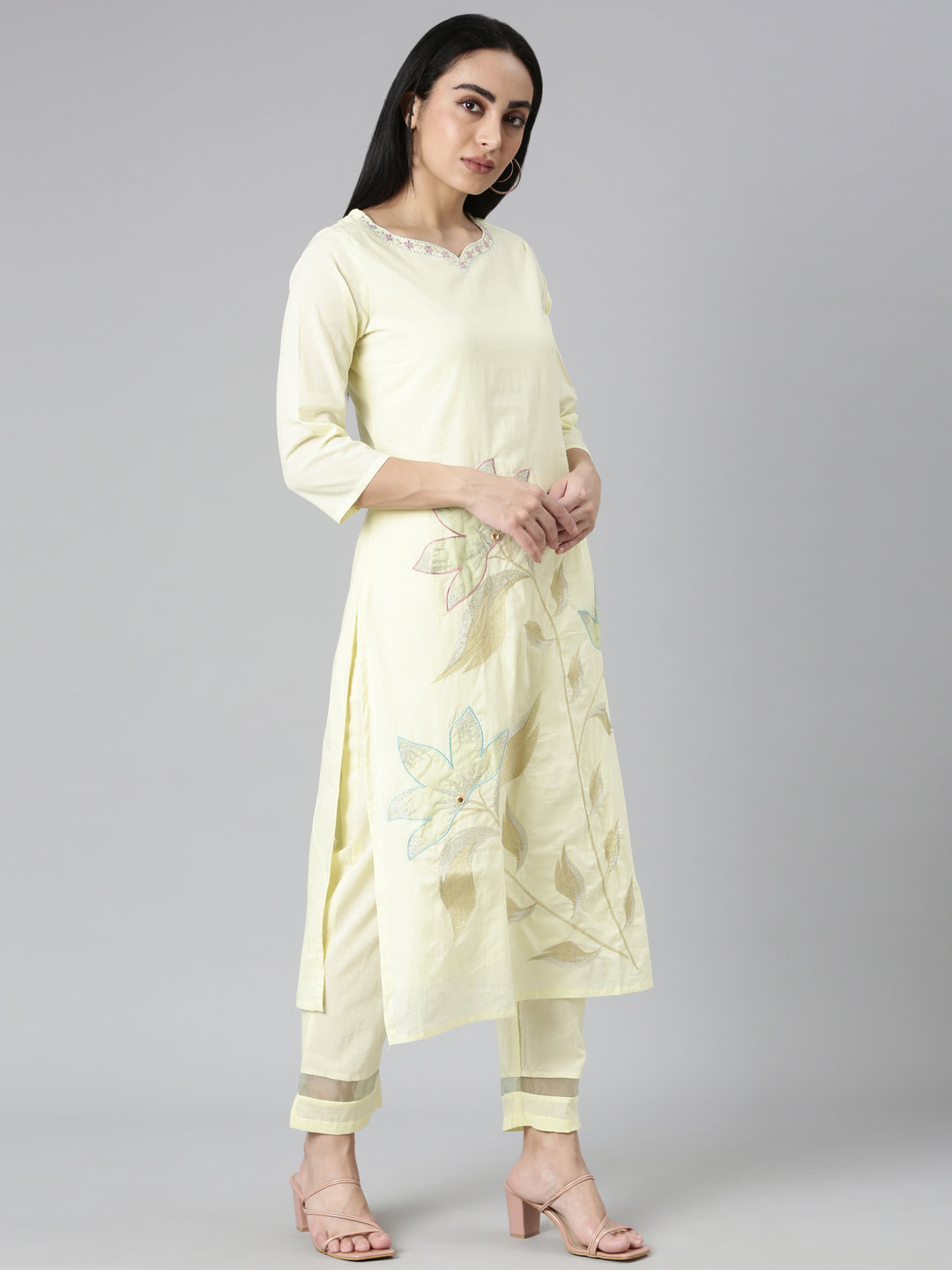 Neerus yellow Regular Straight Solid Kurta and Trousers With Dupatta