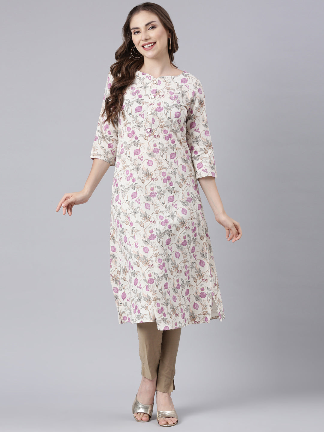 Neerus Beige Panelled Straight Floral Kurtas