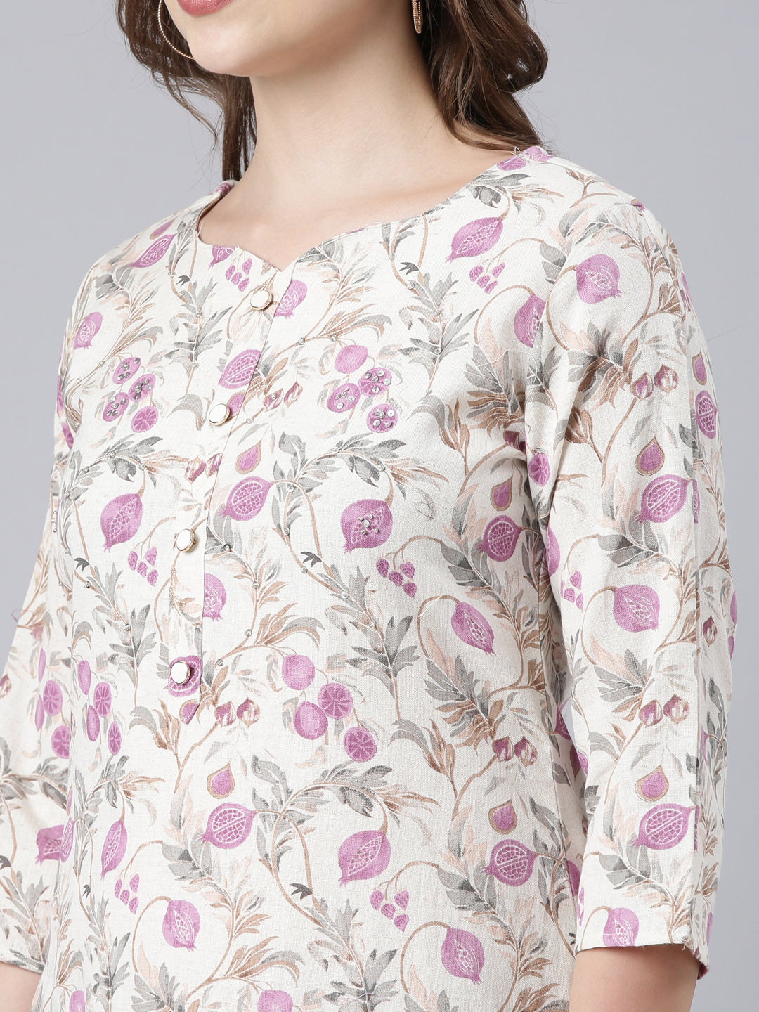 Neerus Beige Panelled Straight Floral Kurtas