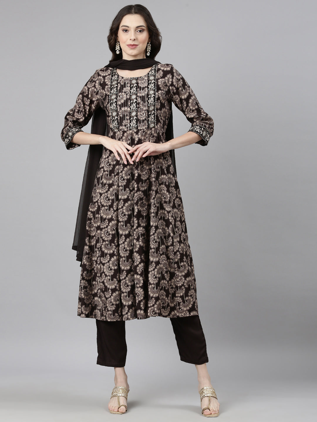 Neerus Brown Casual Floral Anarkali Kurta and Trousers With Dupatta