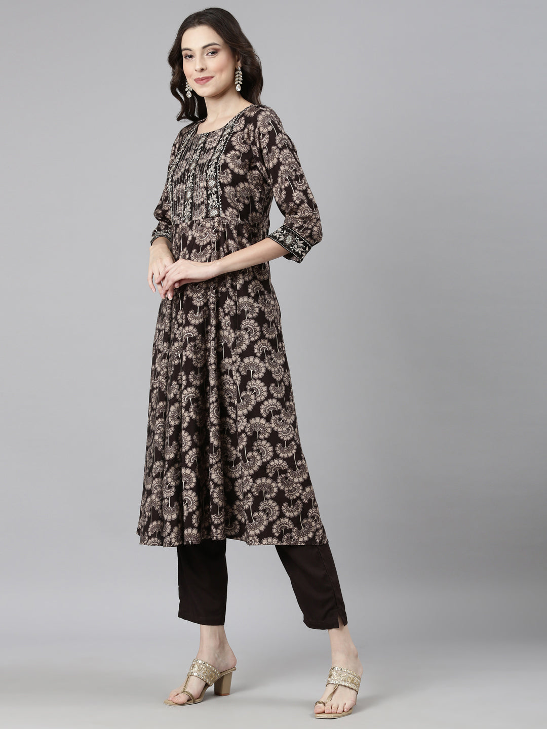 Neerus Brown Casual Floral Anarkali Kurta and Trousers With Dupatta