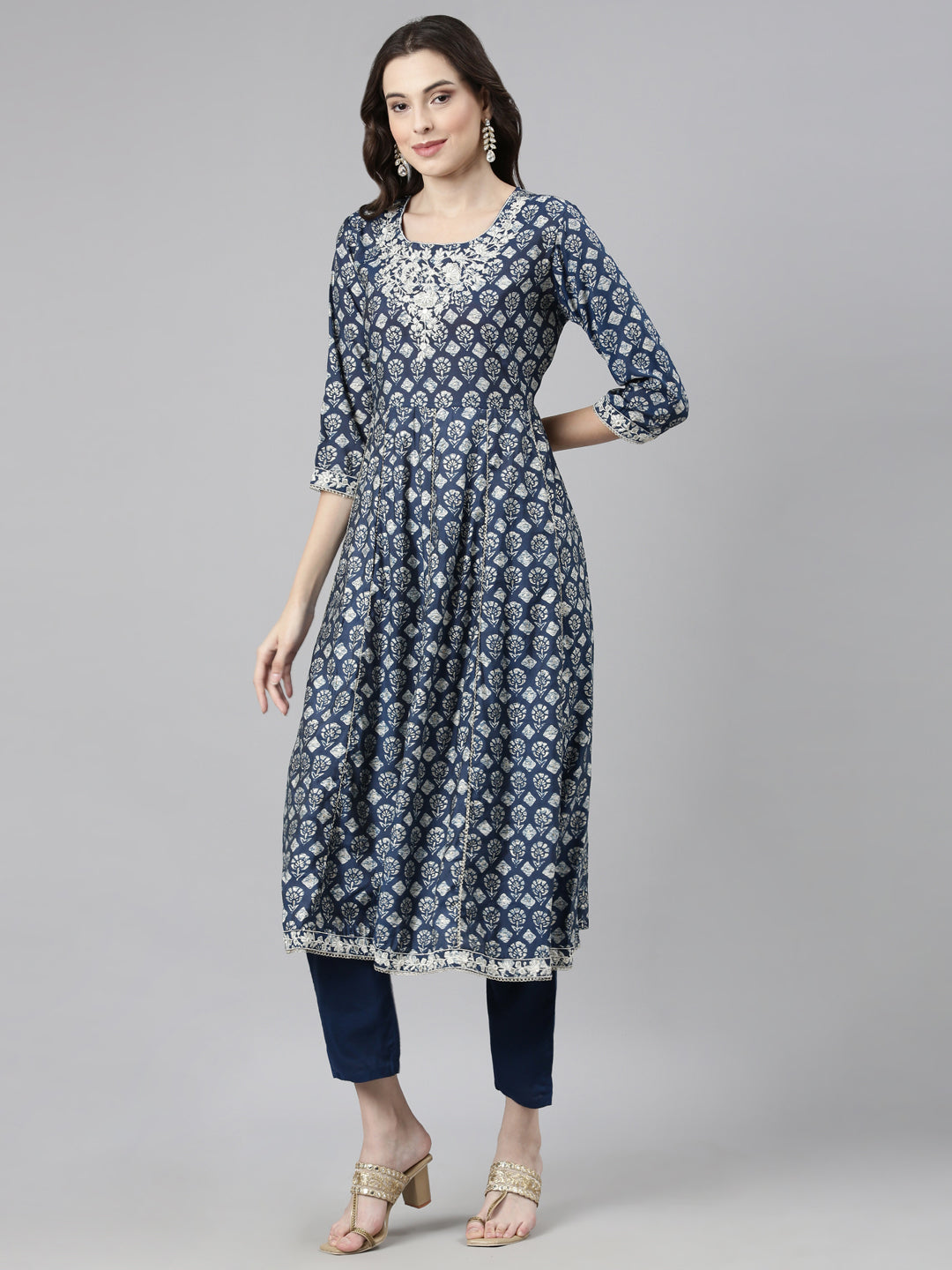 Neerus Blue Casual Quirky Anarkali Kurta and Trousers With Dupatta