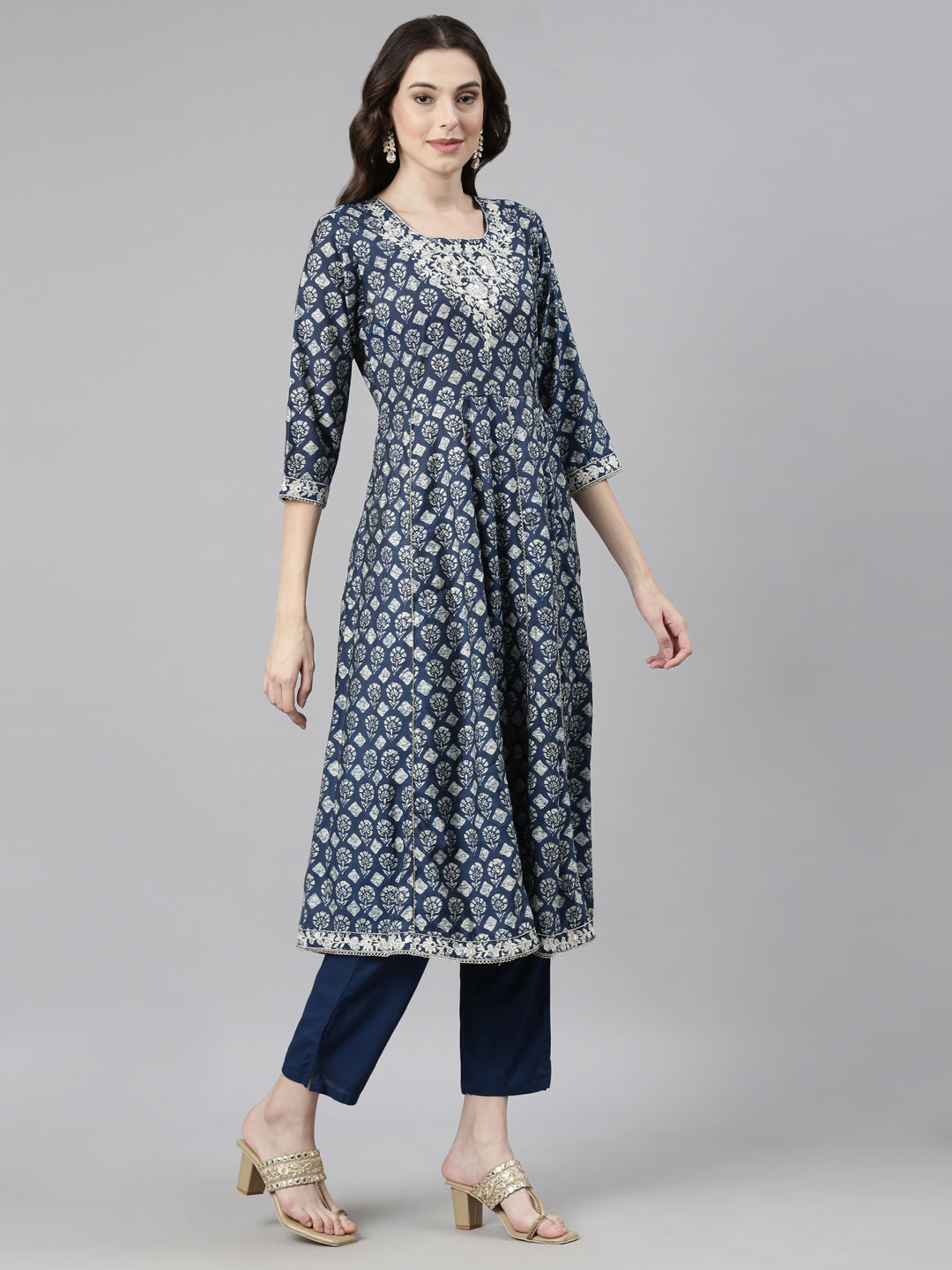 Neerus Blue Casual Quirky Anarkali Kurta and Trousers With Dupatta