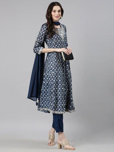 Neerus Blue Casual Quirky Anarkali Kurta and Trousers With Dupatta