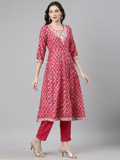 Neerus Pink Casual Quirky Anarkali Kurta and Trousers With Dupatta