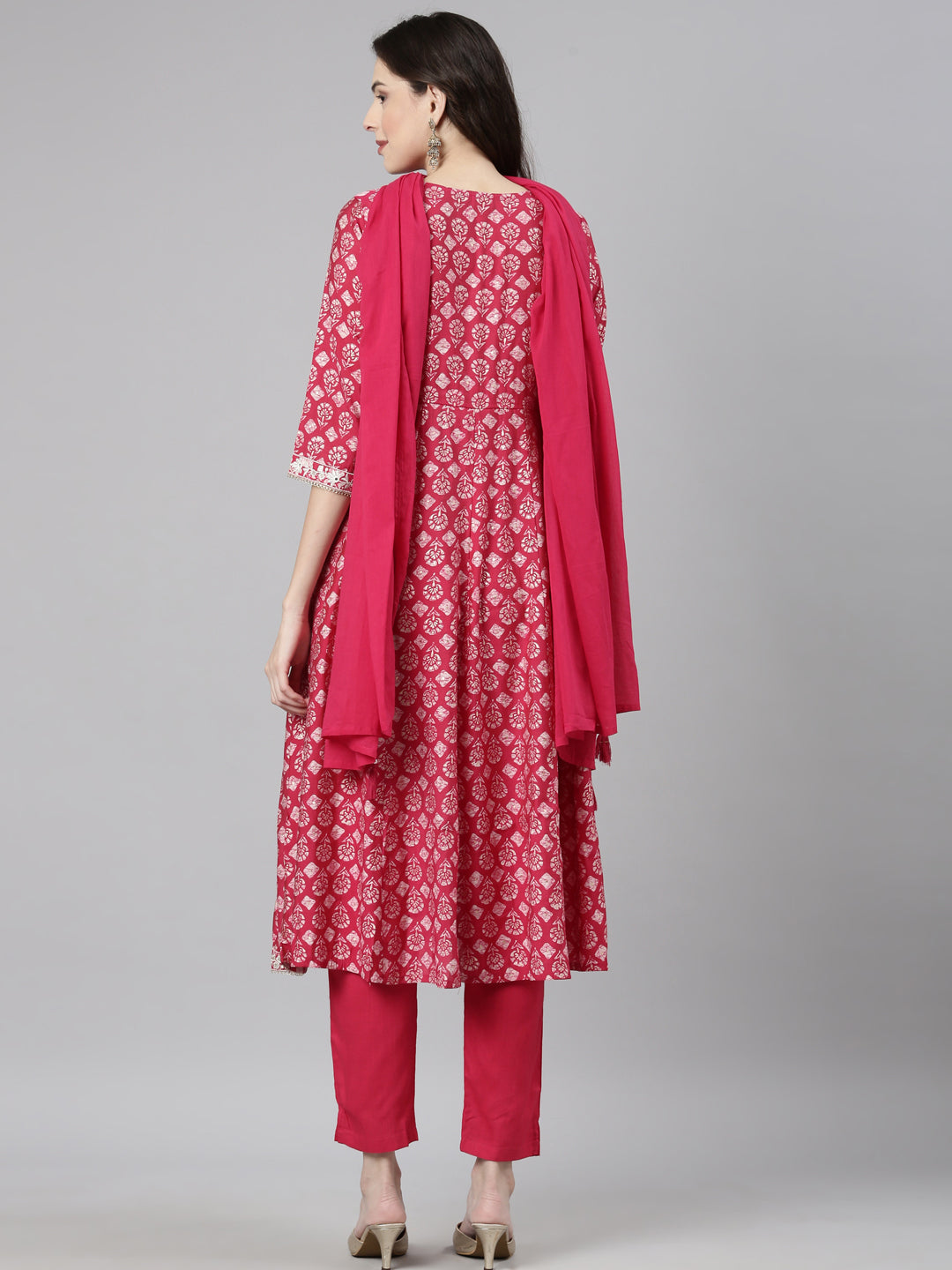 Neerus Pink Casual Quirky Anarkali Kurta and Trousers With Dupatta