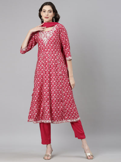 Neerus Pink Casual Quirky Anarkali Kurta and Trousers With Dupatta