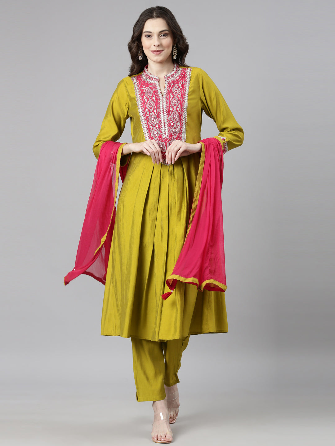 Neerus Green Casual Solid Anarkali Kurta and Trousers With Dupatta