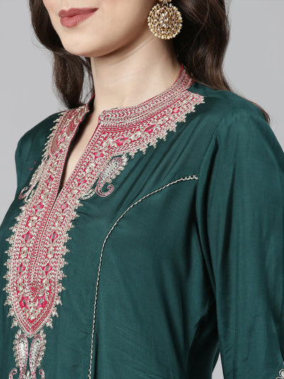 Neerus Green Casual Solid Anarkali Kurta and Trousers With Dupatta