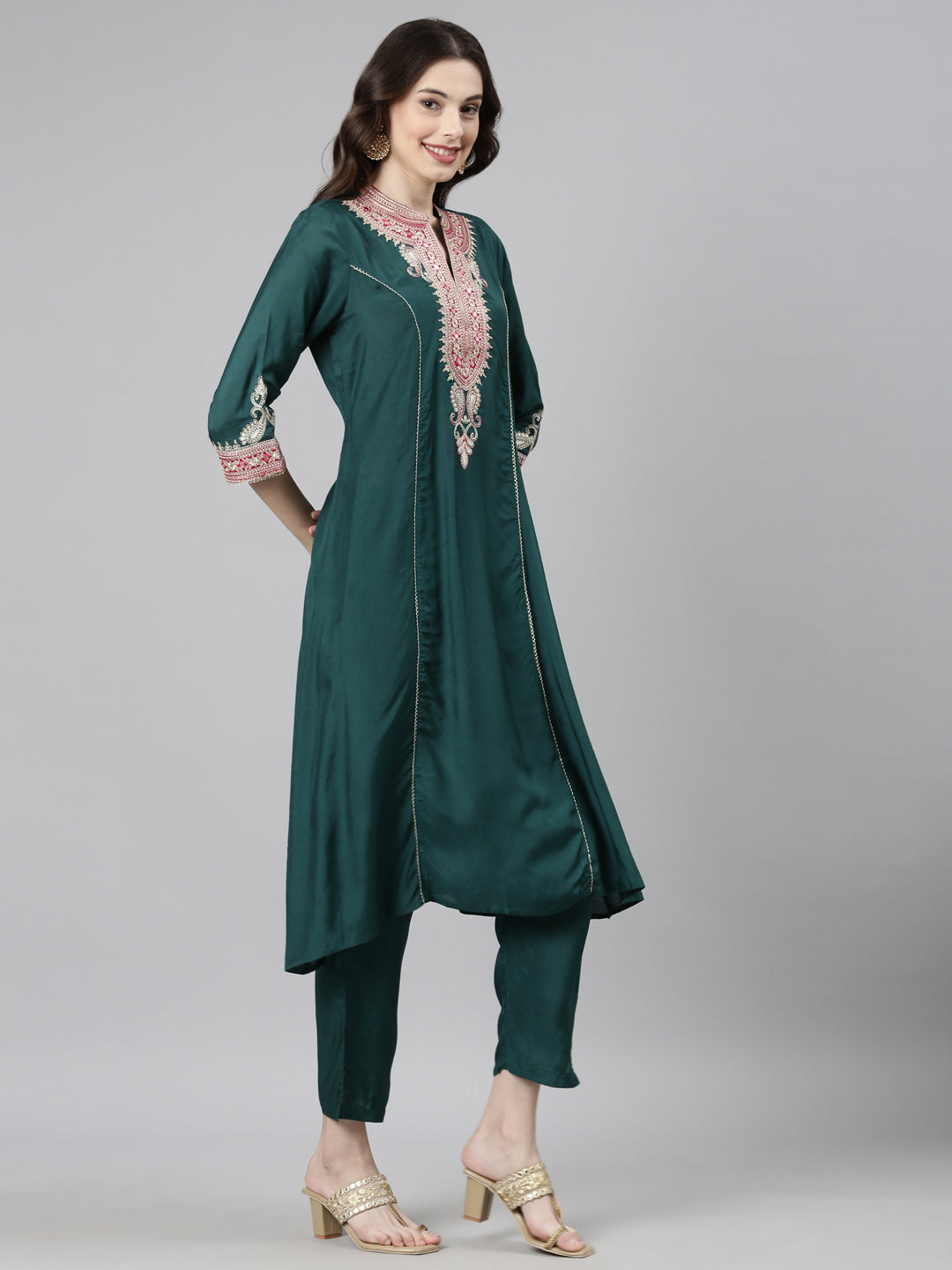 Neerus Green Casual Solid Anarkali Kurta and Trousers With Dupatta