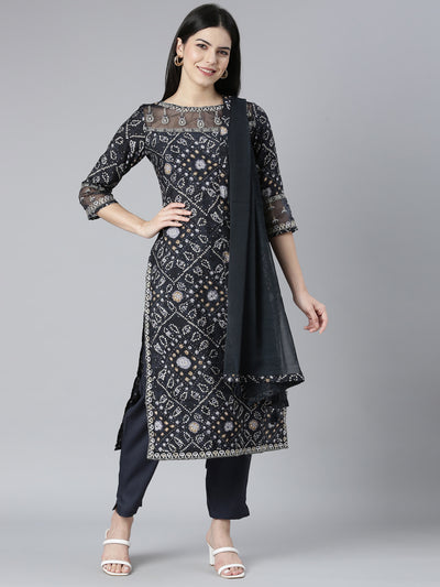 Neerus Grey Regular Straight Bandhani Kurta And Trousers With Dupatta