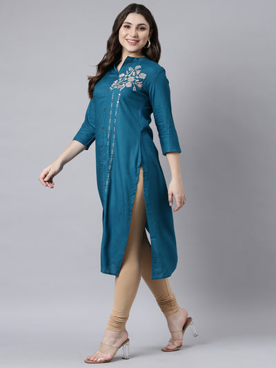 Neerus Blue Regular Straight Solid Kurtas