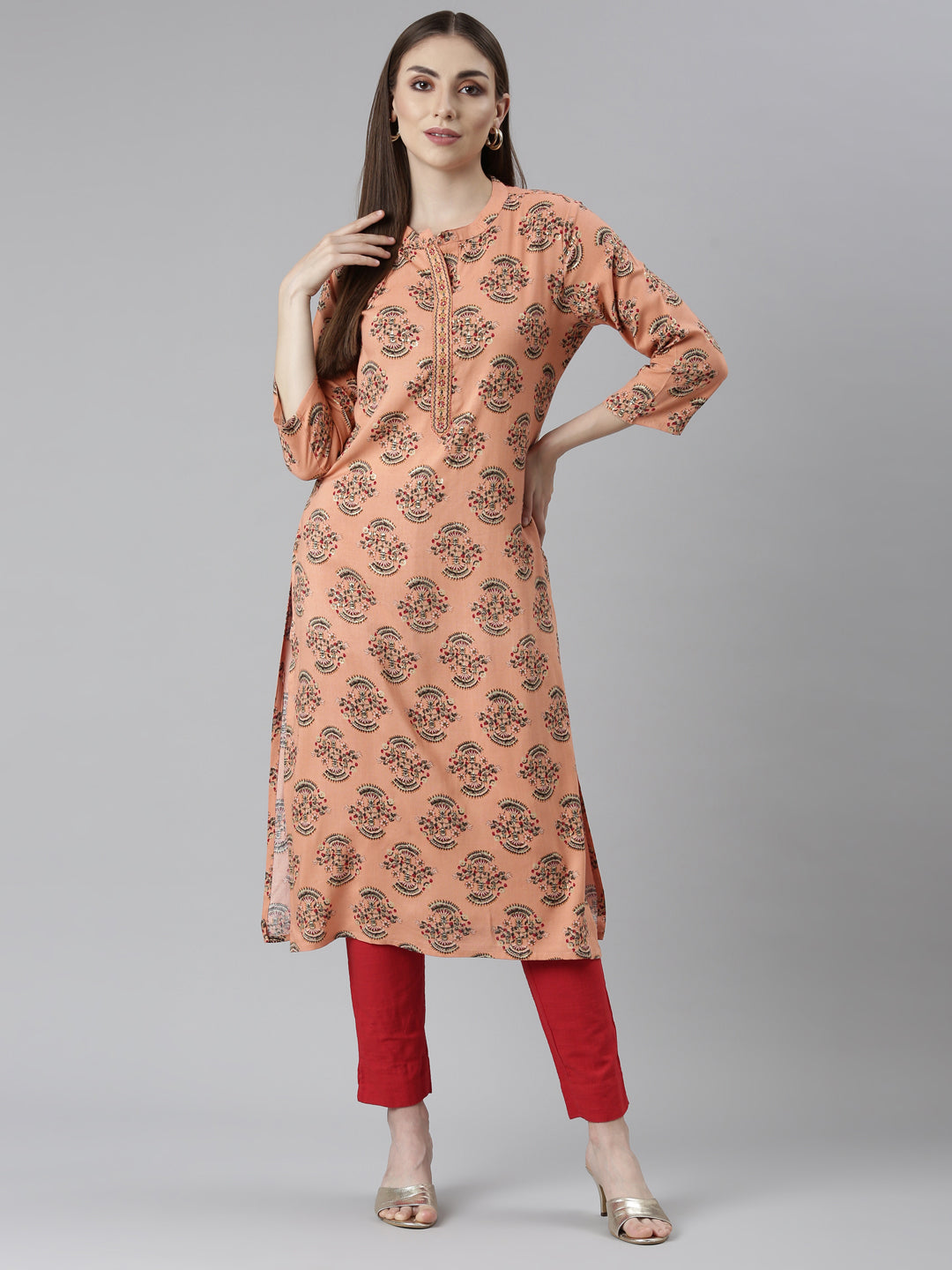 Neeru's Peach Regular Straight Floral Kurtas