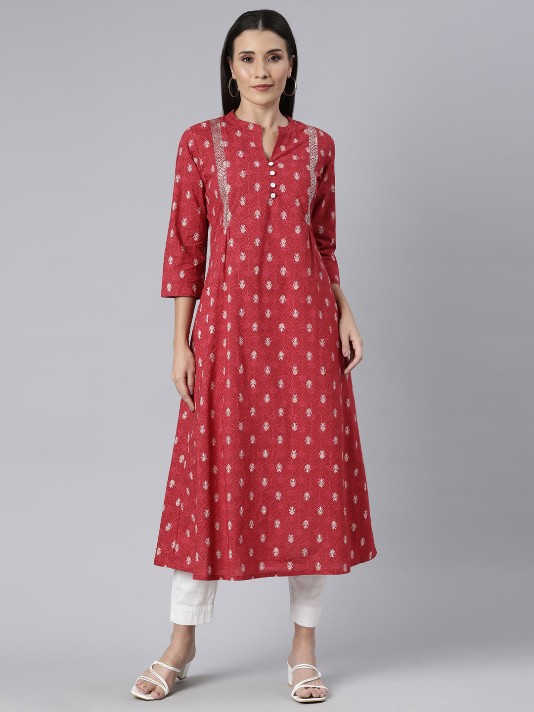 Neerus Pink Regular Straight Floral Kurtas