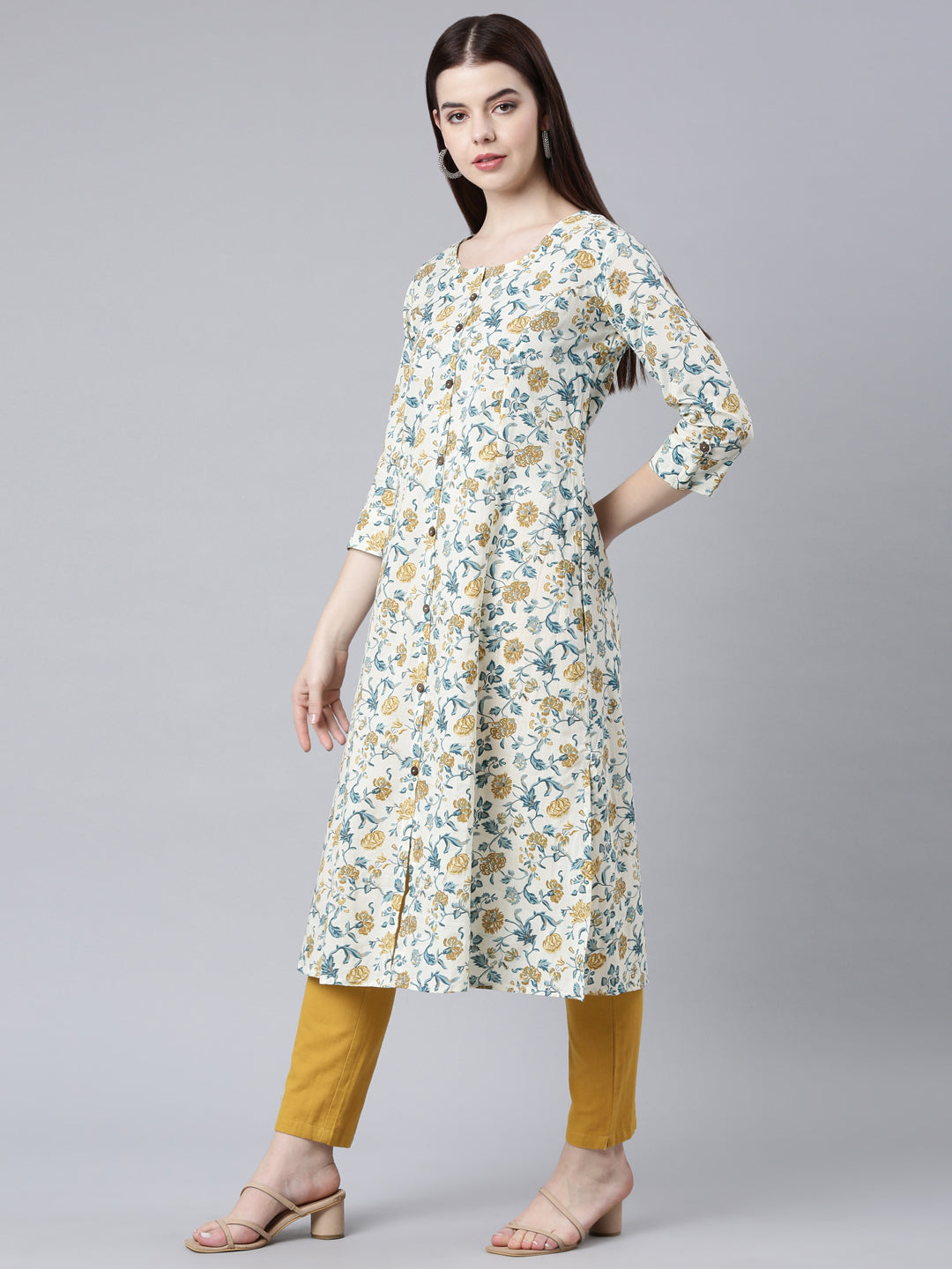 Neerus Mustard Straight Casual Floral Straight Kurtas