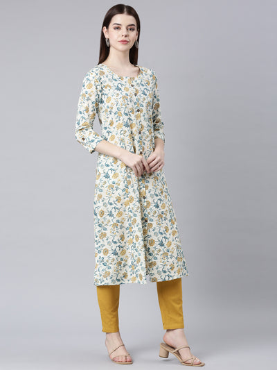 Neerus Mustard Straight Casual Floral Straight Kurtas