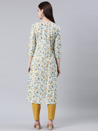 Neerus Mustard Straight Casual Floral Straight Kurtas