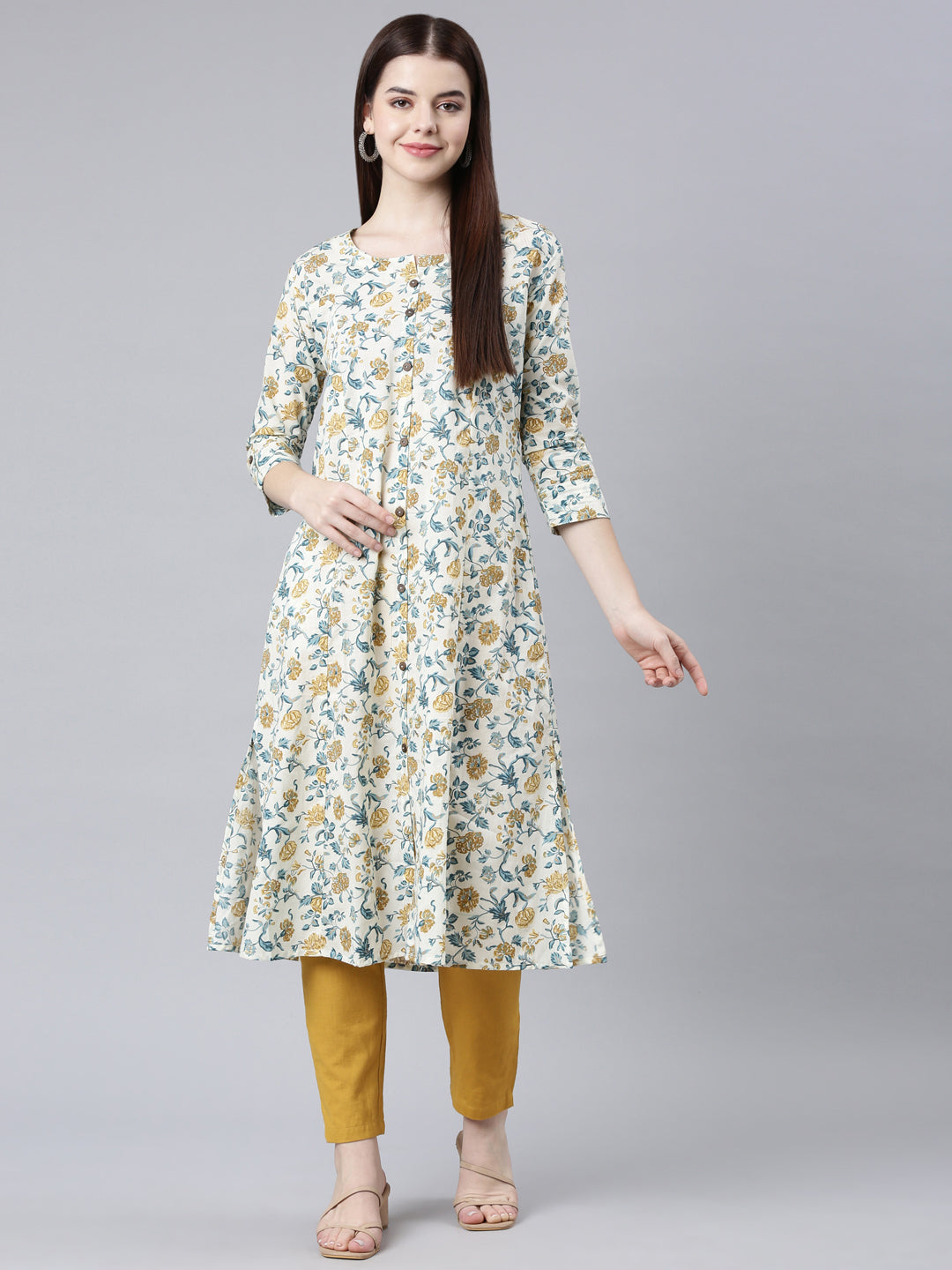 Neerus Mustard Straight Casual Floral Straight Kurtas