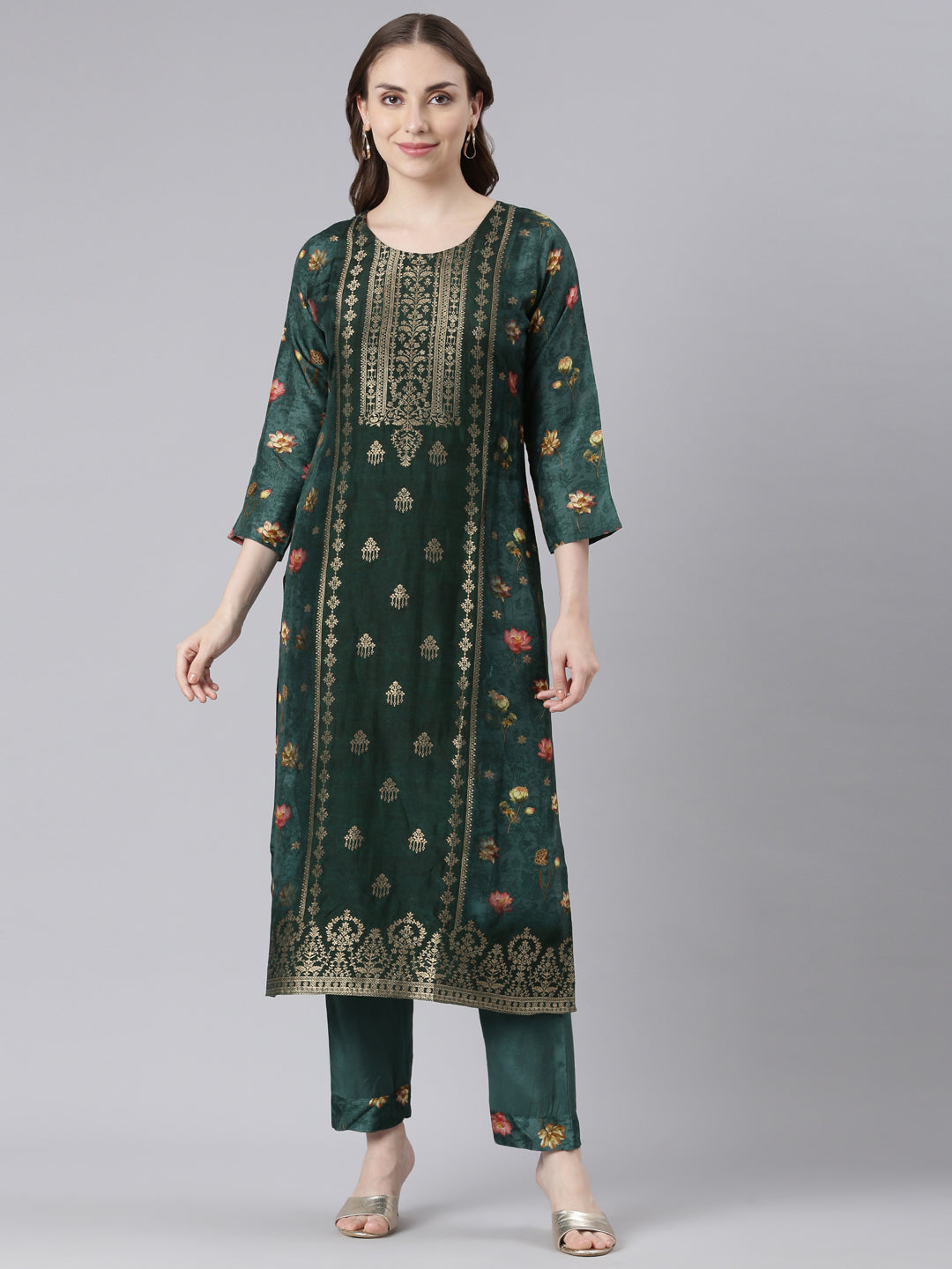 Neerus Green Raw Silk Straight Casual Floral Kurta Sets