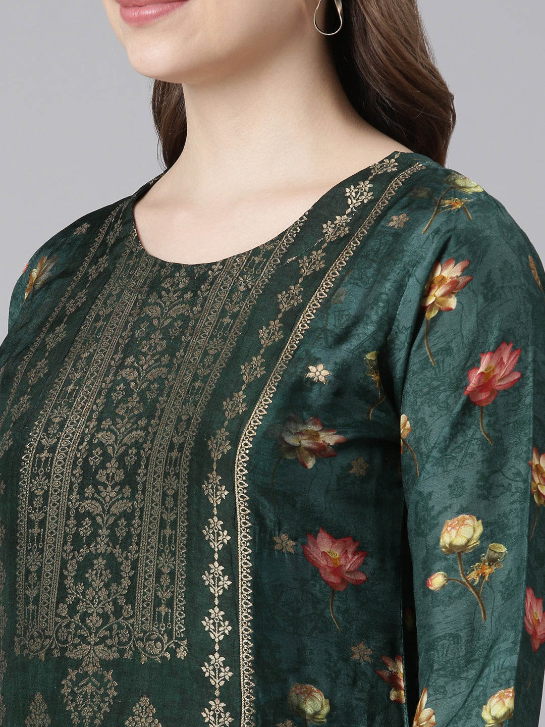 Neerus Green Raw Silk Straight Casual Floral Kurta Sets