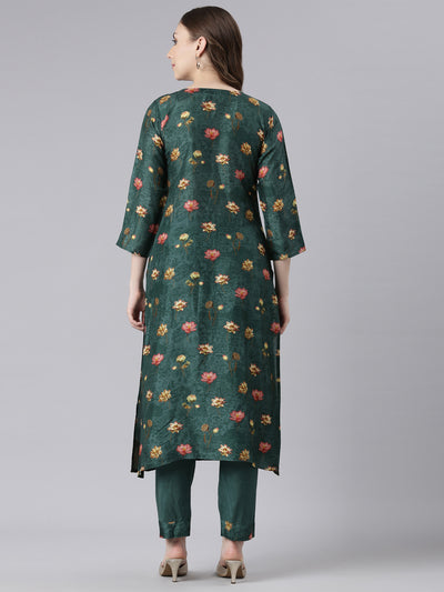 Neerus Green Raw Silk Straight Casual Floral Kurta Sets