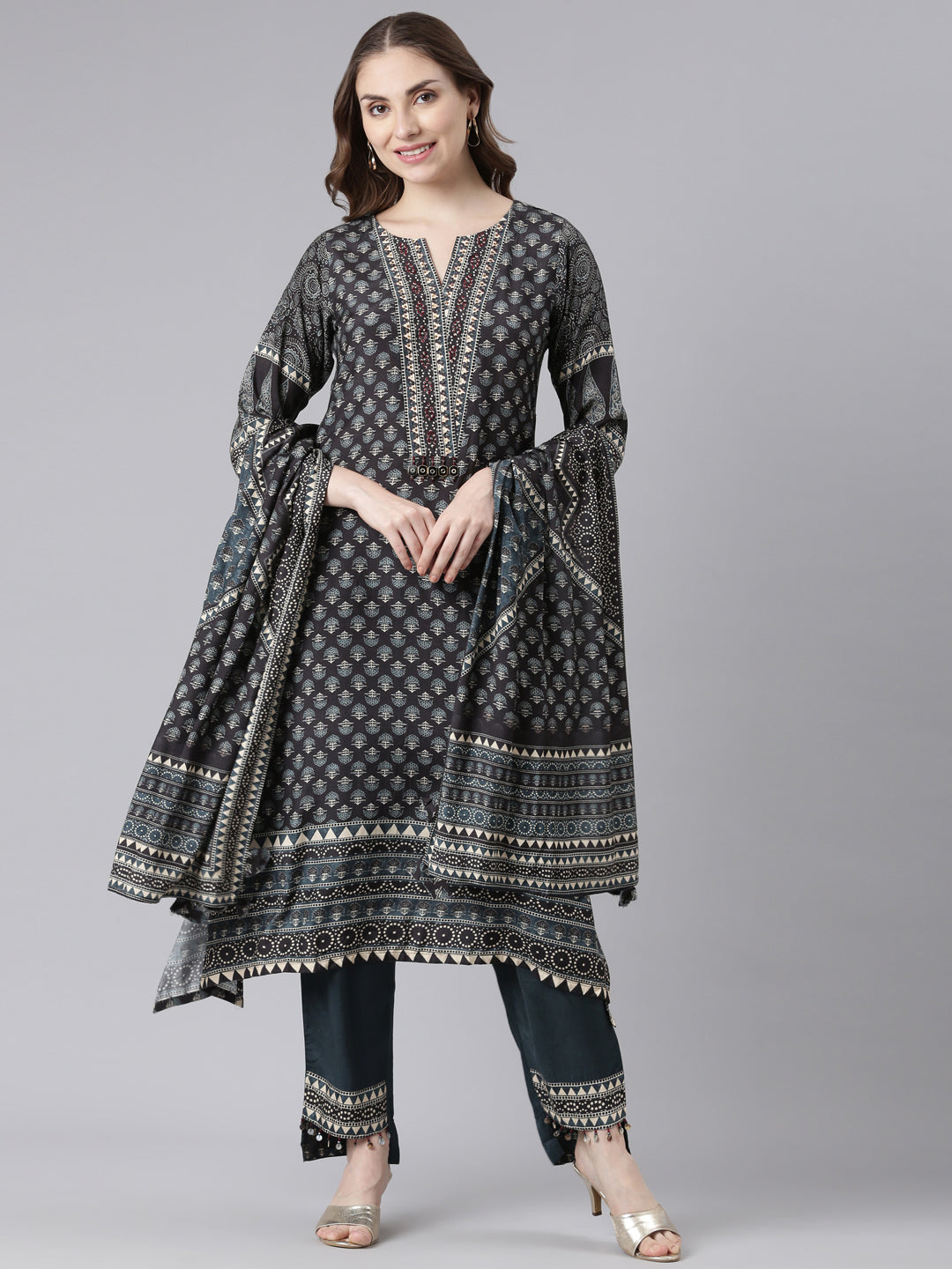 Neerus Black Santoon High-Low Casual Floral Kurta and Trouser with Dupatta