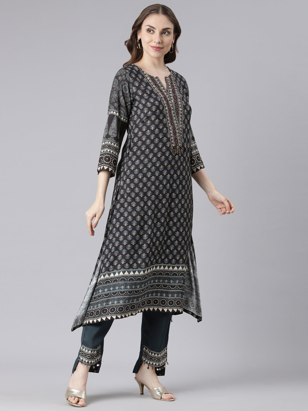 Neerus Black Santoon High-Low Casual Floral Kurta and Trouser with Dupatta