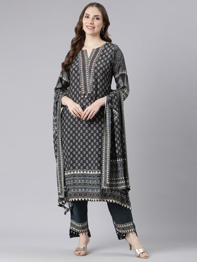 Neerus Black Santoon High-Low Casual Floral Kurta and Trouser with Dupatta