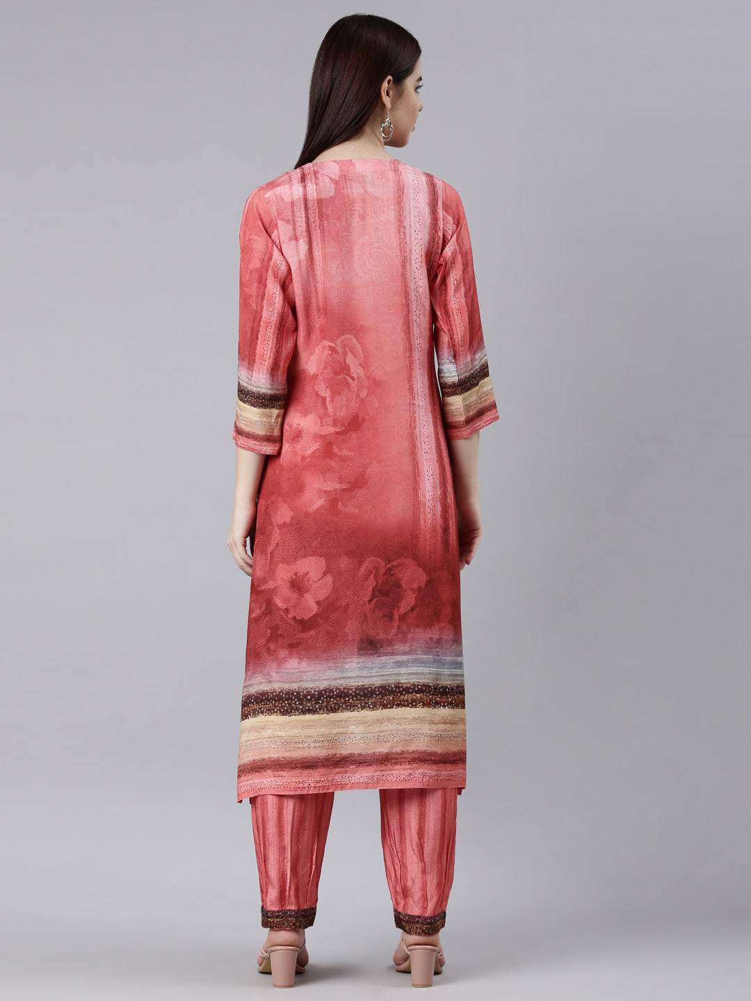 Neerus Coral Panelled Straight Kurta and Trousers