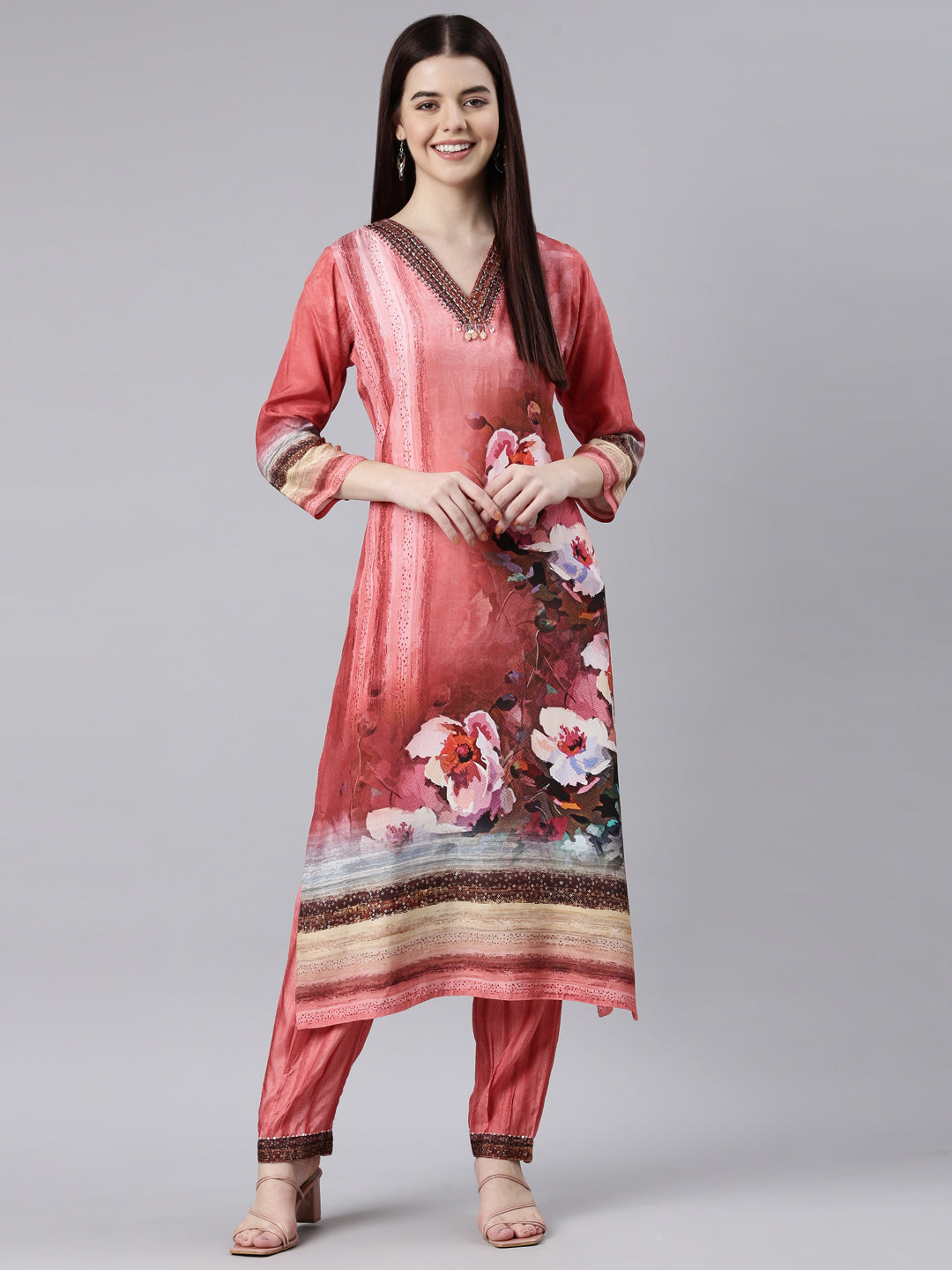 Neerus Coral Panelled Straight Kurta and Trousers