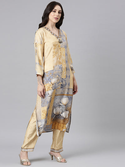 Neerus Yellow Panelled Straight Kurta and Trousers