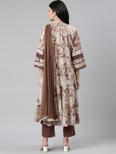 Neeru's Brown Regular Straight Printed Readymade suits