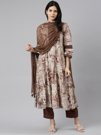 Neeru's Brown Regular Straight Printed Readymade suits